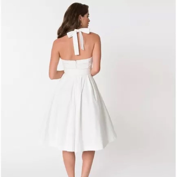 Exclusive: Janie Bryant For Unique Vintage White Halter Tarrytown Hostess Dress - Picture 2 of 3